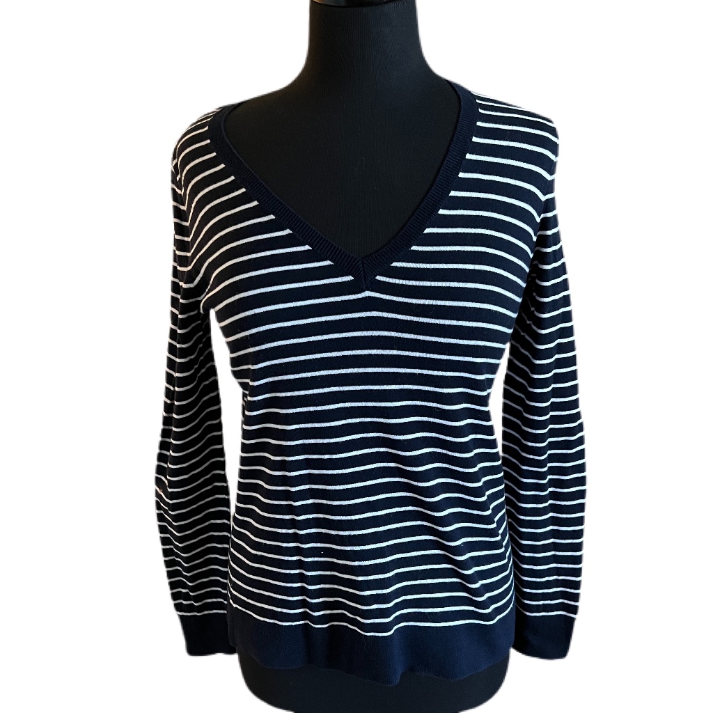 J. Crew Cotton Navy White Striped Shirt V Neck Womens Bottom/Sleeve Ribbed Sm.